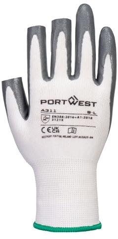 Portwest A311 Grip 13 Nitrile 3 Fingerless Work Gloves | White/Grey, Large, Oil Resistant, Seamless Polyester Liner, Precision Handling, Durable, Tradesmen