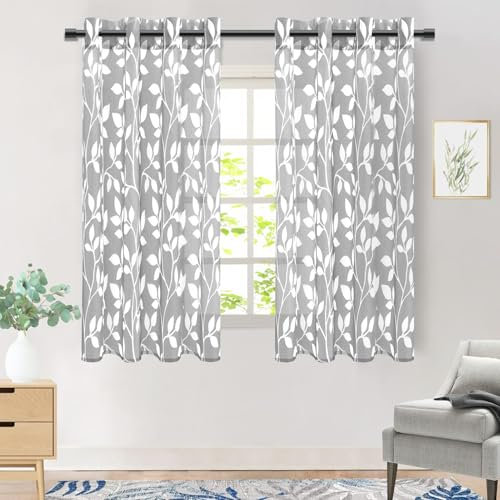 MRTREES Cortinas Dormitorio Juvenil Cortas para Ventanas 140x160 cm, Cortinas Salon Modernas Estampadas con Hojas 2 Piezas Cortina Visillo Comedor Transparente con Ojales, Gris