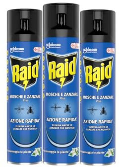 Raid Mosche e Zanzare Tripacco, Spray Insetticida, Antizanzare e Antimosche, Azione Rapida, 3 bombole da 400 ml
