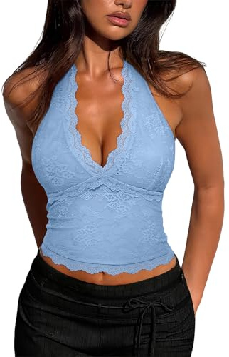 REORIA Womens Sexy V Neck Lace Halter Backless Going Out Double Lined Y2K Trendy Cropped Tank Tops Light Blue Small