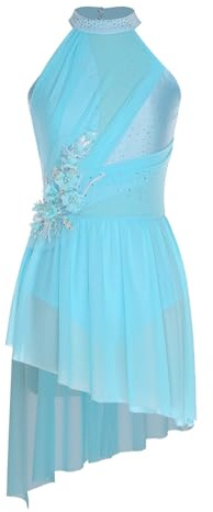 Freebily Femme Robe Danse Moderne Lyrique Salsa À Fleurs Patineuse Robes Patinage Artistique Compétition Mousseline De Soie Jupe Bleu M