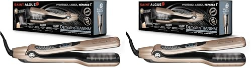 DEMELISS - Plancha de Pelo de Vapor Saint Algue Placas de Titanio - Maxi-Depósito Integrado 40ml - Peine Lateral Extraíble - Alisado Extremo y Protección del Cabello - Dorado/Champán (Paquete de 2)
