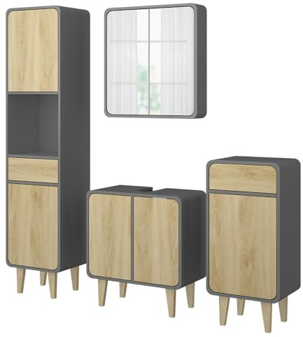 Vicco Badmöbel-Set Arla, Anthrazit/Eiche, 60 cm | besteht aus Waschbeckenunterschrank, Spiegelschrank, Hochschrank und Midischrank