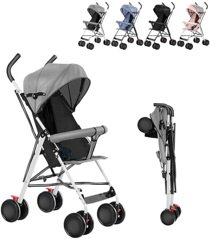 XUANYU Kompakt och hopfällbar sittvagn med svalande matta, vikbar resevagn, kompakta barnvagnar, 6 månader till 4 år, upp till 25 kg (grå)