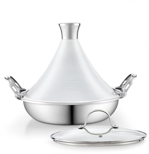 Cooks Standard Moroccan Tagine Pot 3.6 Qt, 11 Inch Multi-Ply Clad Stainless Steel Pan with Dual Handles, Clay Pot Alternative for Slow Cooking, with Conical Die-Cast Aluminum & Glass Lid, White