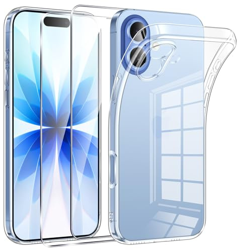 Phoona Funda para iPhone 17 Carcasa con 2 Piezas Cristal Templado, Transparente Silicona TPU Protección Funda para iPhone 17 Anti-Choques y Anti-Arañazos Caso