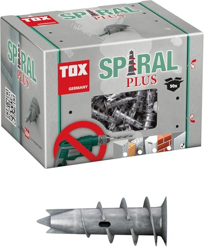 TOX Plasterboard dowel, zweilagige Gipskartonplatten + Gipsfaserplatten, ohne Vorbohren in Gipskarton, 50 Stück im Karton M, 068100021 Gipskartondübel Spiral Plus 37, 32 mm, Grau, 4,5 x 32 mm