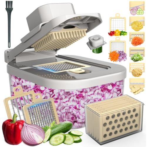 Sienfix 11-in-1 Vegetable Chopper for Kitchen, Food Chopper with Container, Mandoline Slicer Onion Dicer, Veggie Cutter for Fruit Salad Kitchen Gadgets Essential Tools (Beige)