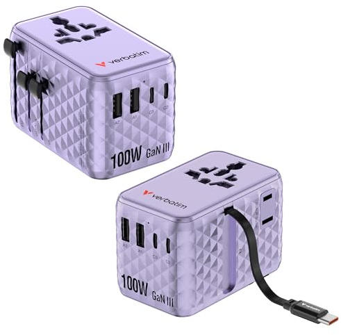 Verbatim GaN reseadapter 100 W lila kontaktadapter med integrerad kabel och 2 x USB-C, 2 x USB-A, 2 x USA/JP-port, universell snabbladdare för bärbar dator, smartphone med mera