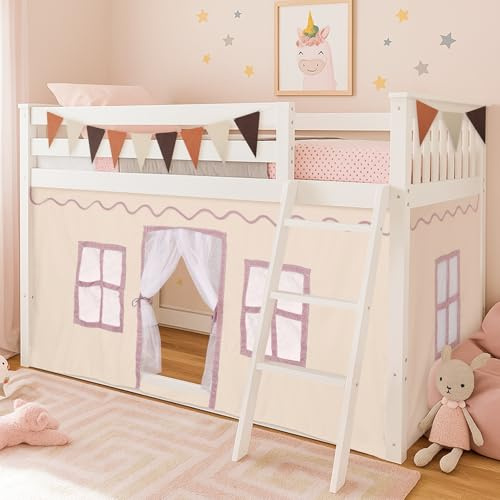 Breling 3 Panel Bunk Bed Curtains for Bottom Loft Bed Tent Set with Felt Flag Double-Layer Twin Bunk Curtains Playhouse Accessories for Boy Girl Bedroom(Cream,Classic)