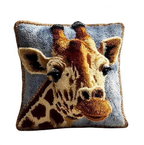 ZUHK 3D DIY Latch Hook Kits -17x17 Inch with Colorful Printed Canvas,Beginners Animals Latch Hook Pillow Kit,fit for Christmas, Halloween,Home Sofa Decoration (Giraffe)