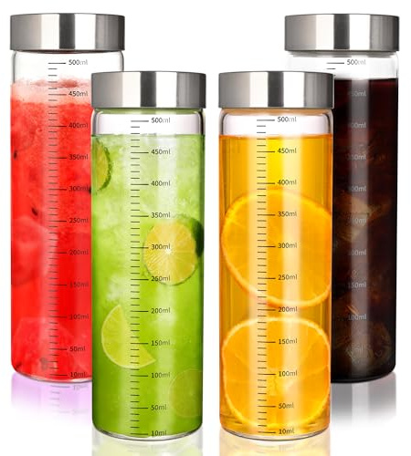 4 confezioni di bottiglie di vetro graduate da 500 ml, bicchieri per frullati con coperchio in acciaio inossidabile, bottiglie d'acqua in vetro riutilizzabili, adatte per frullati, succhi, latte, caff