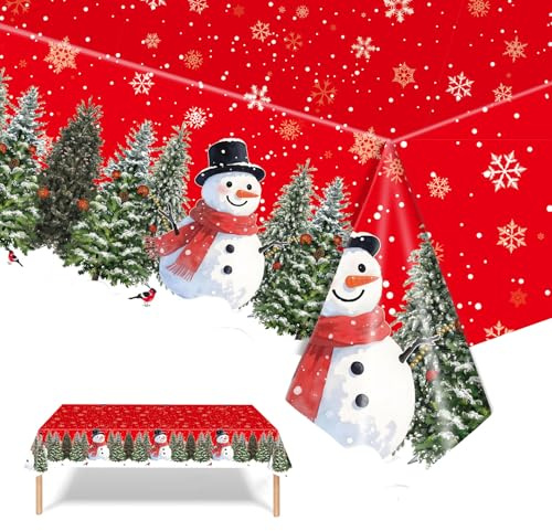 FOSDICK 137x274cm Einweg Tischdecke Weihnachten, Rot Rechteckige Party Weihnachtstischdecke, Schneemänner Weihnachtsbäume PVC Weihnachts Tischdecke, für Weihnachtsfeier Events Dekorationen