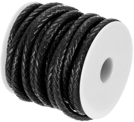 QUARKZMAN Cordone Rotondo In Pelle Intrecciata 5.5 Iarde 5 M Nero 5mm/0.2 | Cordone In Pelle Di Mucca Originale, Per Bolo Tie, Spago Cerato, Corda Per Creazione Braccialetti Lavoretti