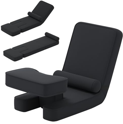 RELAX4LIFE Chaise Pliante de Sol avec Dossier Réglable en 5 Positions, Coussin Cylindrique, Fauteuil de Lecture Rembourré avec Inclinable Tapissé pour Salon Chambre, Noir