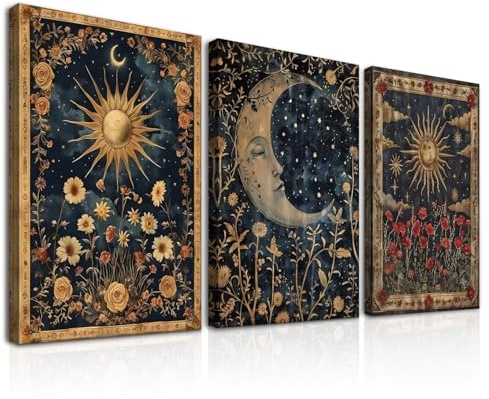 Dazzlewall 3er Set Vintage Boho Gothic Wandkunst, Sonne & Mond Tarotkarten Blüten Geheimnisvolle Okkulte Wandbilder für Schlafzimmer Wohnzimmer Mit Rahmen 30x40 cm