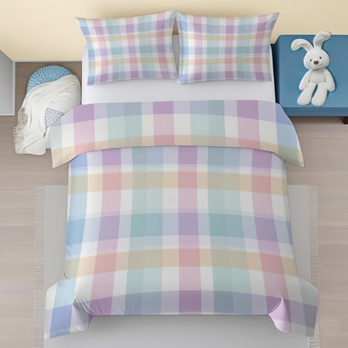 Carreaux Housse de Couette 90x190 Enfant, Motif Vichy Coloré Microfibre Parure de Lit 1 Personne - Moderne Géométrique Parure de Couette avec Fermeture éclair avec 1 Taie d'oreiller 65x65 xnKl147