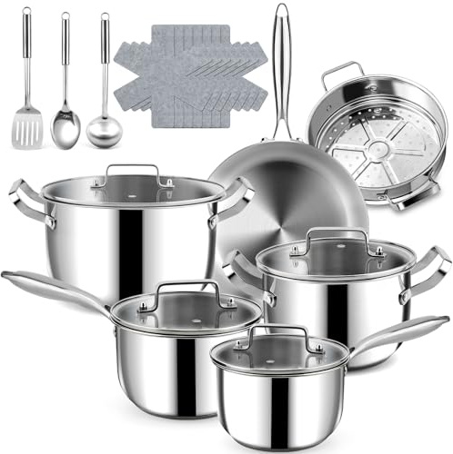 Fruikit 20P Stainless Steel Pots and Pans Set -3 Ply 30 cm Frying pan - 18/20 cm Saucepans & 22/26 cm Casserole, Non Stick Induction Hob Cookware Set