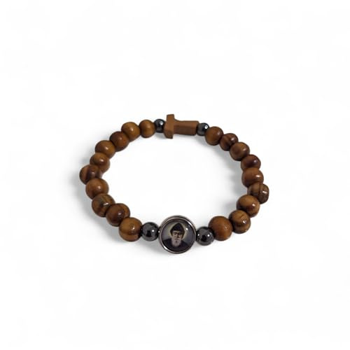 OVUNQUE PROTEGGIMI San Charbel - Pulsera elástica de madera con cruz Tau e imagen adhesiva, regalos religiosos, protección