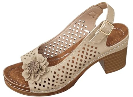 Sommarsandaler damer kilklack, sandaletter damer blockklack vit fritidssandaler blommor fritidsskor Slingback sommarsandaler med hål pantoletter mjuk fotbädd kilsandaler, Beige, 41 EU