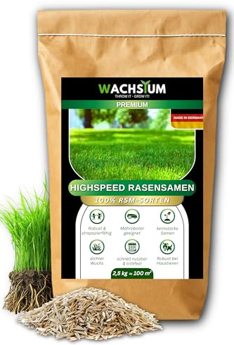 Rasensamen schnellkeimend 2,5 kg 100qm – Frühjahr und Sommer Premium Grassamen Nachsaat, dichter strapazierfähiger Rasen, Mähroboter geeignet – kräftiges Wachstum, RSM Qualität,