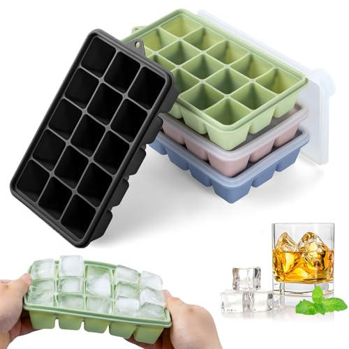4 Packs Silicone Ice Cube Tray with Lid 3.3cm Stackable Large Ice Cube Moulds BPA Free Reusable Large Silicone Ice Cube Trays for Freezer Cocktail Whiskey Juice Baby Food Easy Release