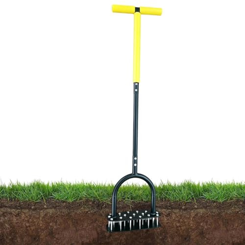 Aireador Para Césped Mango En T Manual Con 15 Púas De Acero Inoxidable | aireador para césped Para Jardín Patio Parterres Y Terreno Airear El Suelo Mantenimiento De Parques