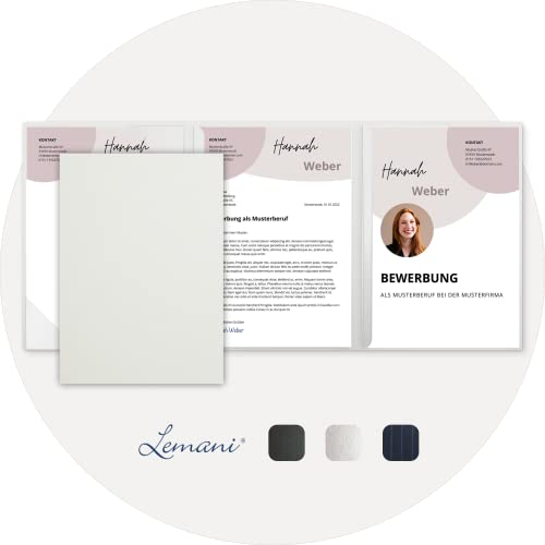5 Stück 4-teilige Bewerbungsmappen Lemani® PRESTIGE 'pearl white' mit 2 Klemmschienen - Premium-Qualität mit unverwechselbarer Haptik und hochwertiger Prägung 'Bewerbung'