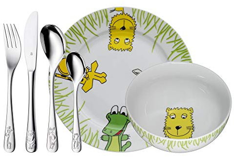 WMF Safari - Vajilla para niños 6 piezas, incluye plato, cuenco y cubertería (tenedor, cuchillo de mesa, cuchara y cuchara pequeña) WMF Kids infantil Acero Inoxidable Cromargan