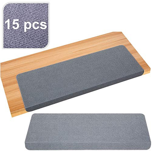 Gr8 Home Set of 15 Piece Non Slip Rectangular Carpet Stair Treads Mats Floor Mat Protection Cover Step Staircase Pads Grey