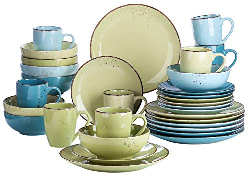 vancasso NAVIA Keramikgeschirr-Set, 32-teiliges Steinzeug-Set für 8 Personen, gesprenkelt, mit Speisetellern, Salattellern, Schüsseln, Tassen, mehrfarbig