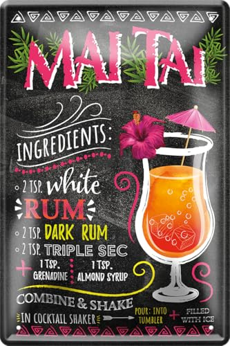 Blechschilder Recette de cocktail – Plaque décorative en métal pour tous les propriétaires de bar ou de pub Cadeau d'anniversaire ou de Noël 20 x 30 cm (Mai Tai)
