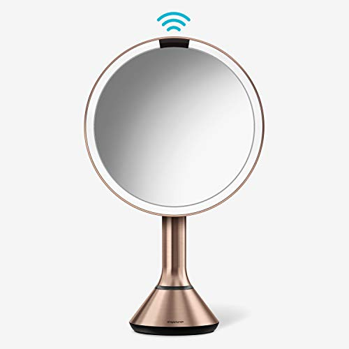 simplehuman Sensor Mirror, Lighted Makeup Mirror with Magnification (5X), 8 Round Magnifying Vanity Mirror with Lights, Cordless, Rose Gold Stainless Steel
