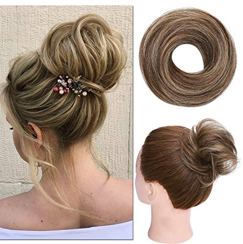 Silk-co Hårdelar äkta hår hårsnodd hårstycke hårknutar släta knutar med hår 7A mänskligt hår uppstickningsfrisyrer mjuka naturliga Updo hårförlängningar 17 g #4P27 mellanbrun & mörkblond/slät