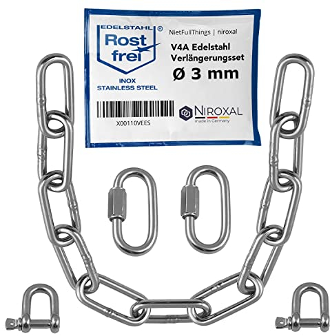 200-cm = 2 metri catena di prolunga in acciaio inox di 3 mm di spessore carico di rottura max 350 kg con grillo connettori a vite in V4A set