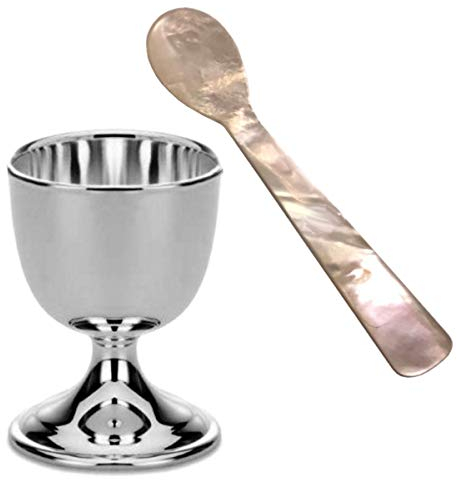 1 Stück Kaviarlöffel Eierlöffel L 11 aus Perlmutt mit 1 Stück Eierbecher aus Silber Plated versilbert