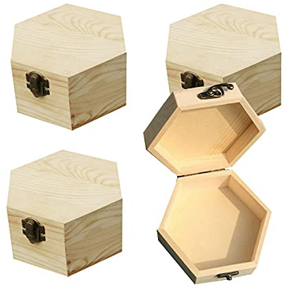 Sonwaha 4er-Set Holzkiste mit Deckel 13x7 - Kleine Holzkisten, Natur Holz-Kiste Schachtel für Andenken, DIY Kunst Bastelarbeiten Schatztruhe Sechseckige Holzkiste