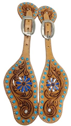 CHALLENGER Horse Western Floral Tooled Leather Turquoise Spur Straps 74S01