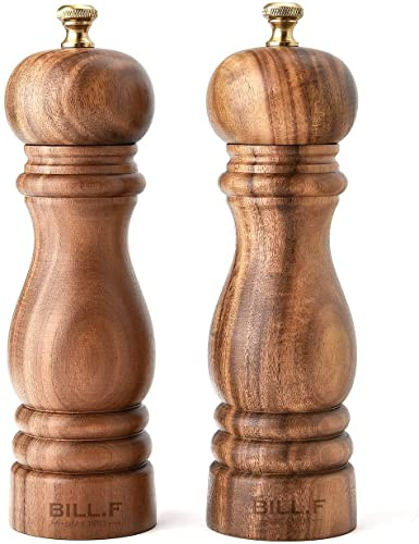 Bill F Salz und Pfeffermühle Set, 2 Stück Gummi Holz Pfeffermühle mit Keramikkern 19 cm
