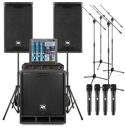 PD Combo1800 PA System for Band Practice with Mixer, 4 Wireless Microphones, Essential Sound Equipment for Live Band Performances, Portable Audio Kit for Musicians