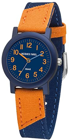 JACQUES FAREL Öko Kinderuhr Jungen Armbanduhr Analog Quarz mit Textilarmband aus Bio-Baumwolle Dunkelblau Orange Nachhaltig ORG 1469