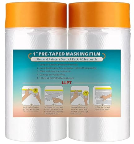 LLPT Abdeckfolie Klebeband mit Folie 2 Rollen 90cm(ungefaltet) x 20m Orange | Transparent Abdeckfolie, Selbstklebende Malerfolie Malerband Zum Schutz von Autos Wänden Staub und Spritzschutz