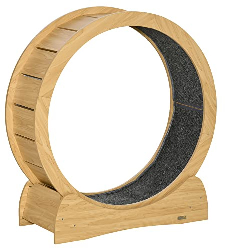 PawHut Cat Treadmill, Cat Exercise Wheel, 30 inch Kitten Running Wheel with Brake, Carpeted Runway for Exercise - Natural Wood Finish