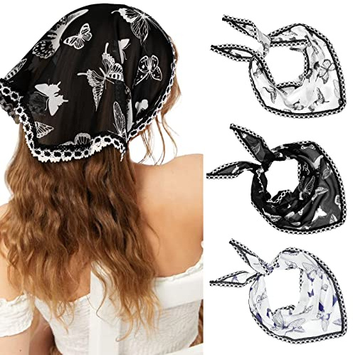 Molans Bandana Stirnband Chiffon Schal Stirnbänder - Haarband Blumenhaar Haartuch Druck Haarschals Kopftuch für Frauen, schwarz/weiß/blau, Einheitsgröße