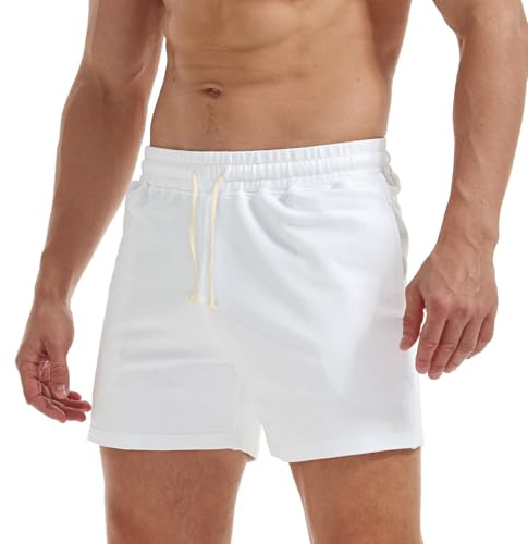 AIMPACT Mens 5 Inch Shorts Cotton Casual Shorts with Pockets White-L