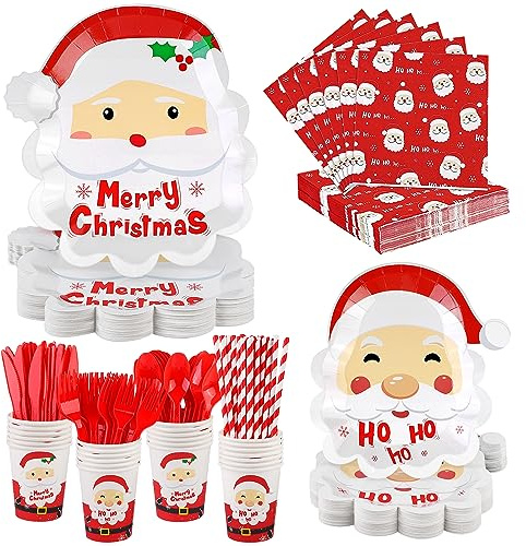 durony 200 Pieces Christmas Santa Party Supplies Tableware Set Include Disposable Paper Plates Cups Napkins Cutlery Straws with Merry Christmas HO HO HO Santa for 25 Guests Dinnerware Holiday