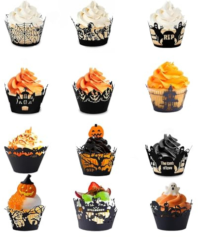 KOBOKO 12 Stücke Halloween Muffinförmchen Papier, Muffinförmchen, Halloween Deko Cupcake Förmchen, Halloweendeko Schwarze Spinnennetz-Hexenschloss-Backförmchen