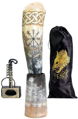 FENRIR Viking Drinking Horn With Stand & Thor Bottle Opener | Norse Medieval Authentic Ox Horn for Ale, Mead, Whiskey | Unique Gifts for Men & Women | 16-20 oz Odin & Vegvisir