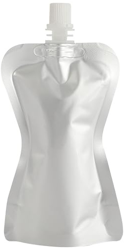 QQ Studio Reusable Squeeze Bottle Pouch White Screw Cap Spout Plastic Flask Stand Up Travel Pouch with Convenience Hand Gripping Shape Bags, 3.4oz (Silver, 50)