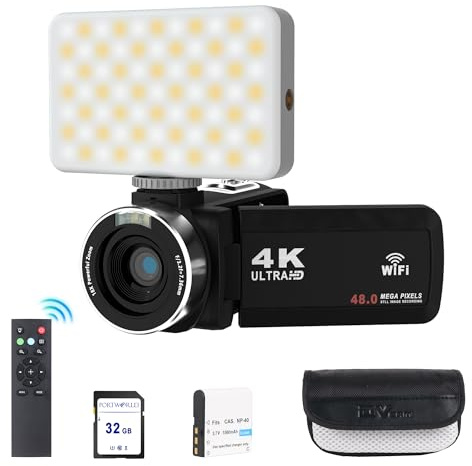 GWAEPU Videocamera 4K Ultra HD: zoom digitale 18X, registratore 30 fps 48 MP, 3 pollici, rotazione di 270 gradi, con luce di riempimento e telecomando, colore nero